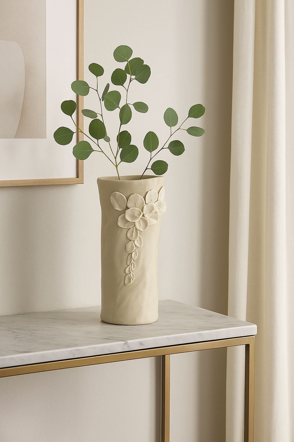 Sand-colored Cylindrical Ceramic Vase with Petal Decorations - h. 34cm