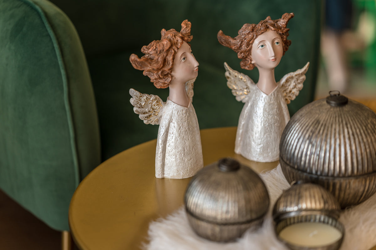 Decorative Angel Statue in White Resin with Golden Wings