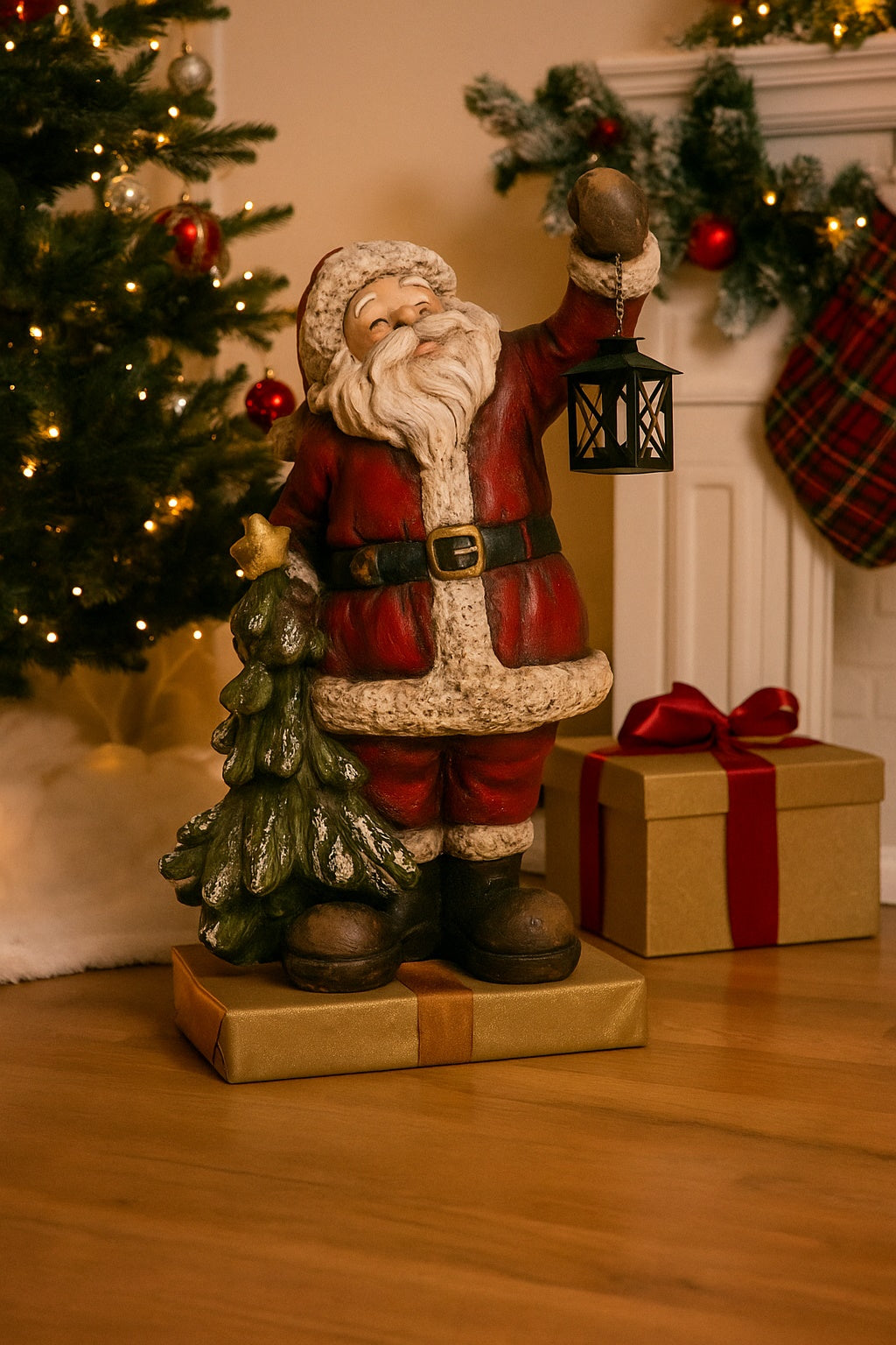 Statua Babbo Natale con Pino e Lanterna in Resina 63x40x24 cm