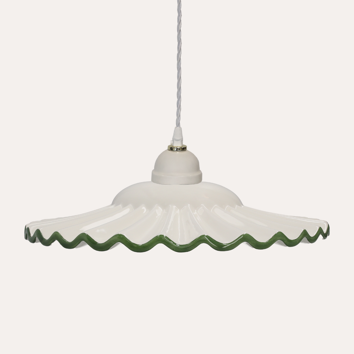 Lampadario Rustico in Ceramica Ondulato Bianco con Bordo Verde Ø. 39cm